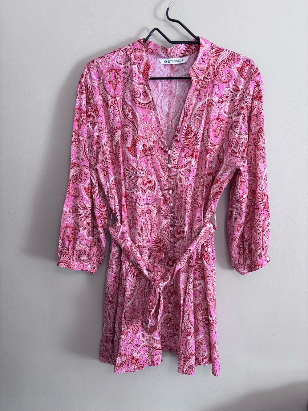 Zara Pink Paisley Button Front Tie Dress
